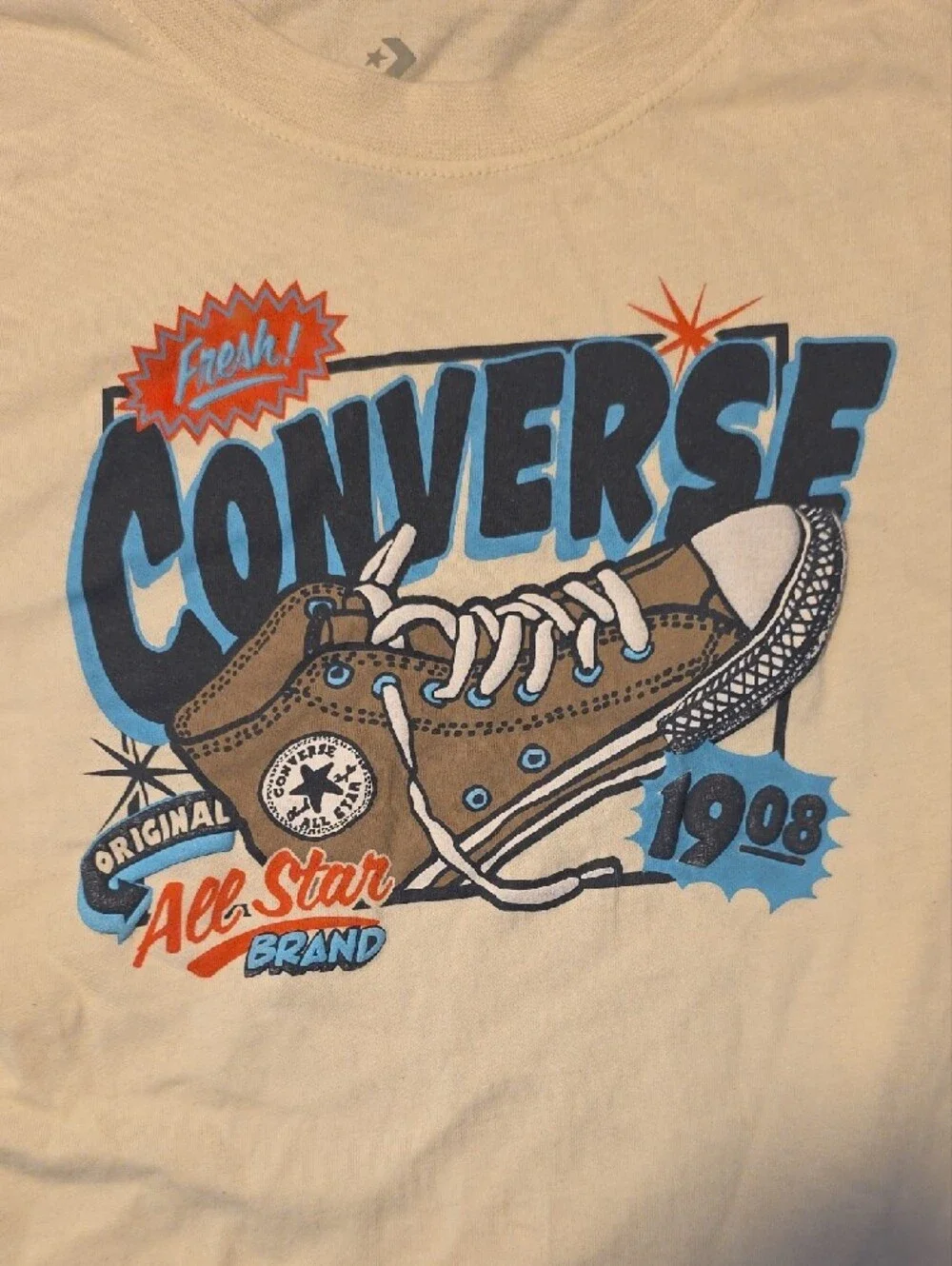Converse Cream Kids Tee with Brown Sneaker Graphic and Blue Logo